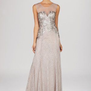 BCBGMAXAZRIA Julea Illusion Neck Metallic Sequin Lace Gray Gown Size 12 $438
